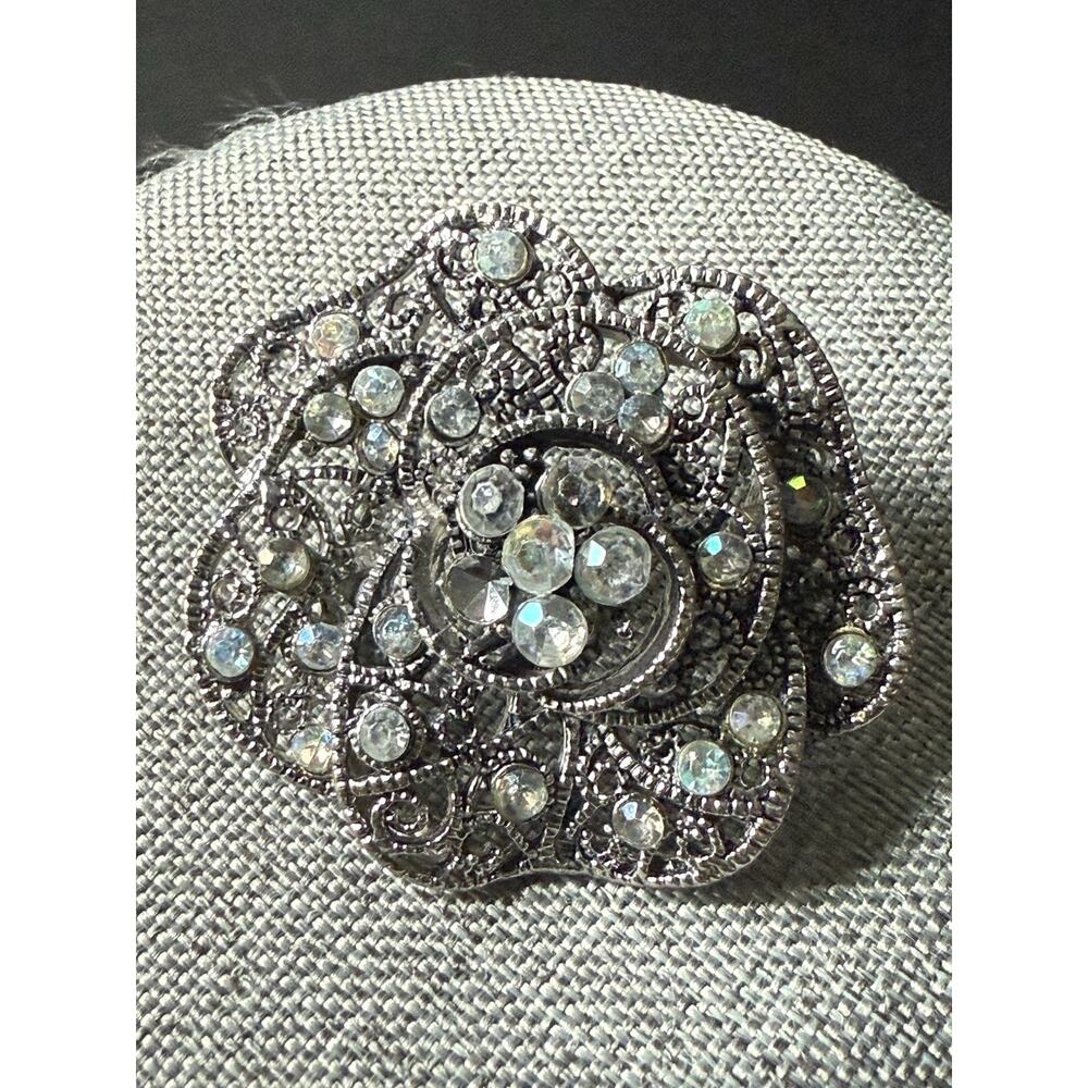 Vintage Rhinestone Floral Brooch Clear AB Deco Scarf Lapel Pin Cocktail Wedding